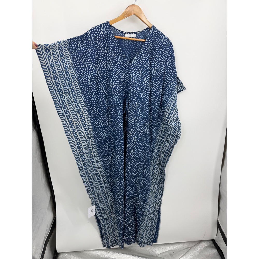 Kaftanbuzz Batik Print Kaftan Dress Womens OS Blue White V-Neck Maxi Loungewear